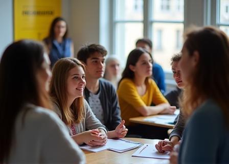 Groupe d'apprenants participant à un atelier de langue française